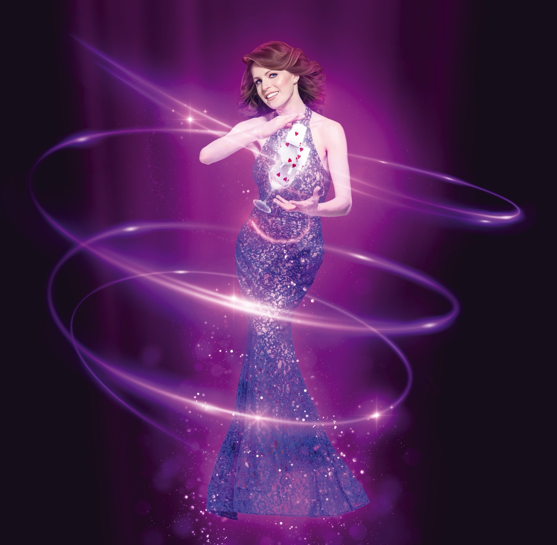 Jen Kramer in a sparkling gown, wrapped in a spiral of light