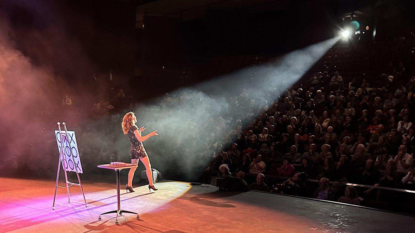 Jen Kramer performing in a spotlight before a packed theater audience